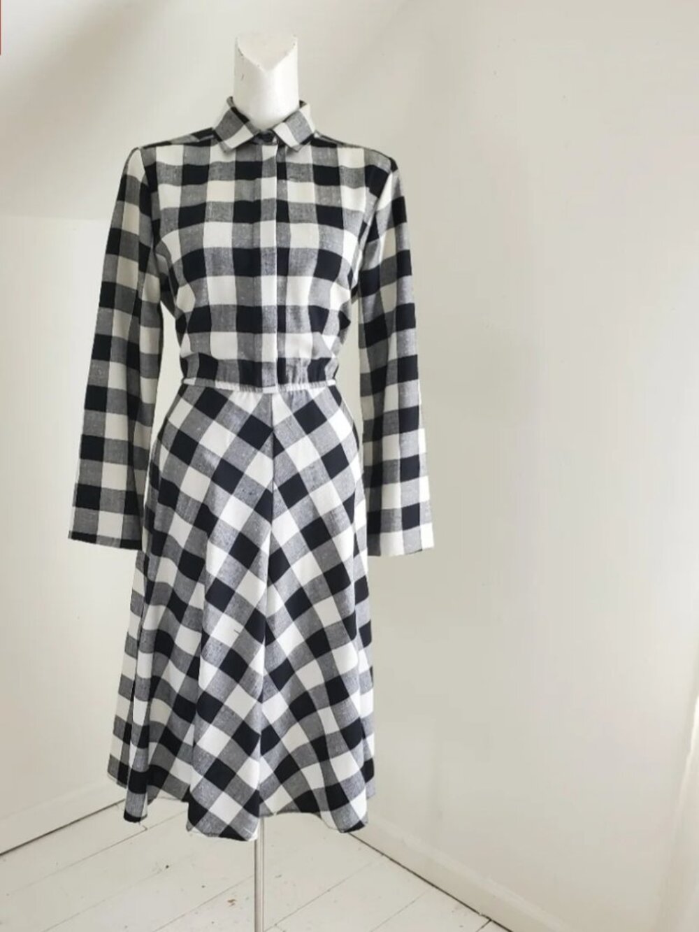 ILGWU Vintage Black & White Plaid Midi Dress